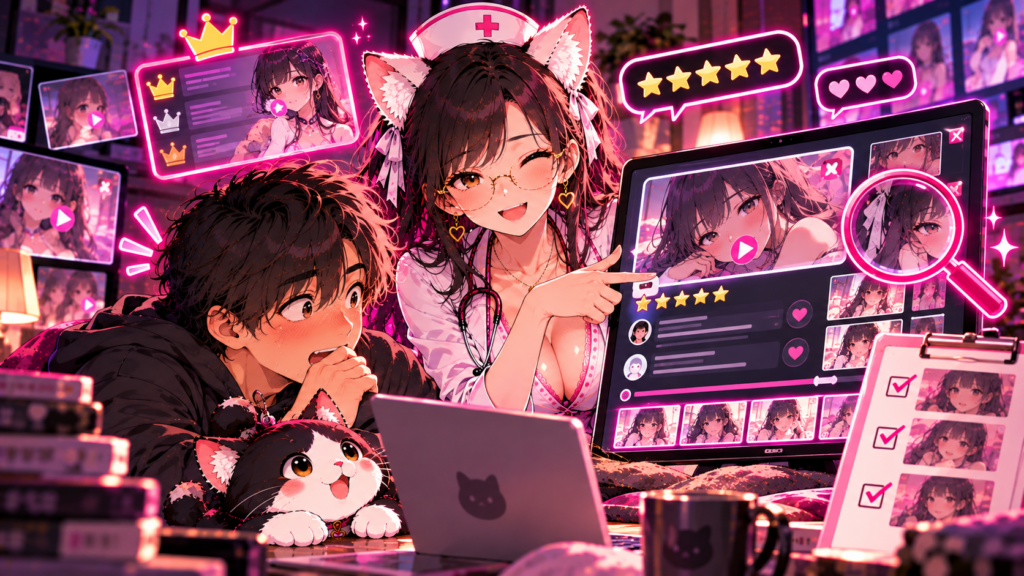 ランキングとレビューで作品を選ぶ男性とミャオ編集長