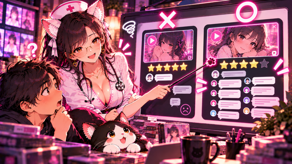 星の数よりレビュー件数を見るよう教えるミャオ編集長