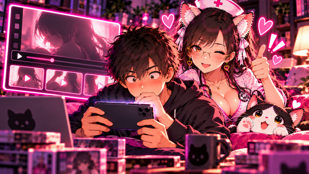 スマホでサンプルを確認する男性と、それを褒めるミャオ編集長