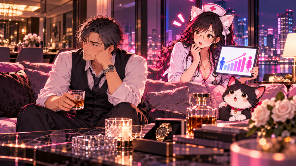 高級なリビングでひとり寂しく座る裕福な男性