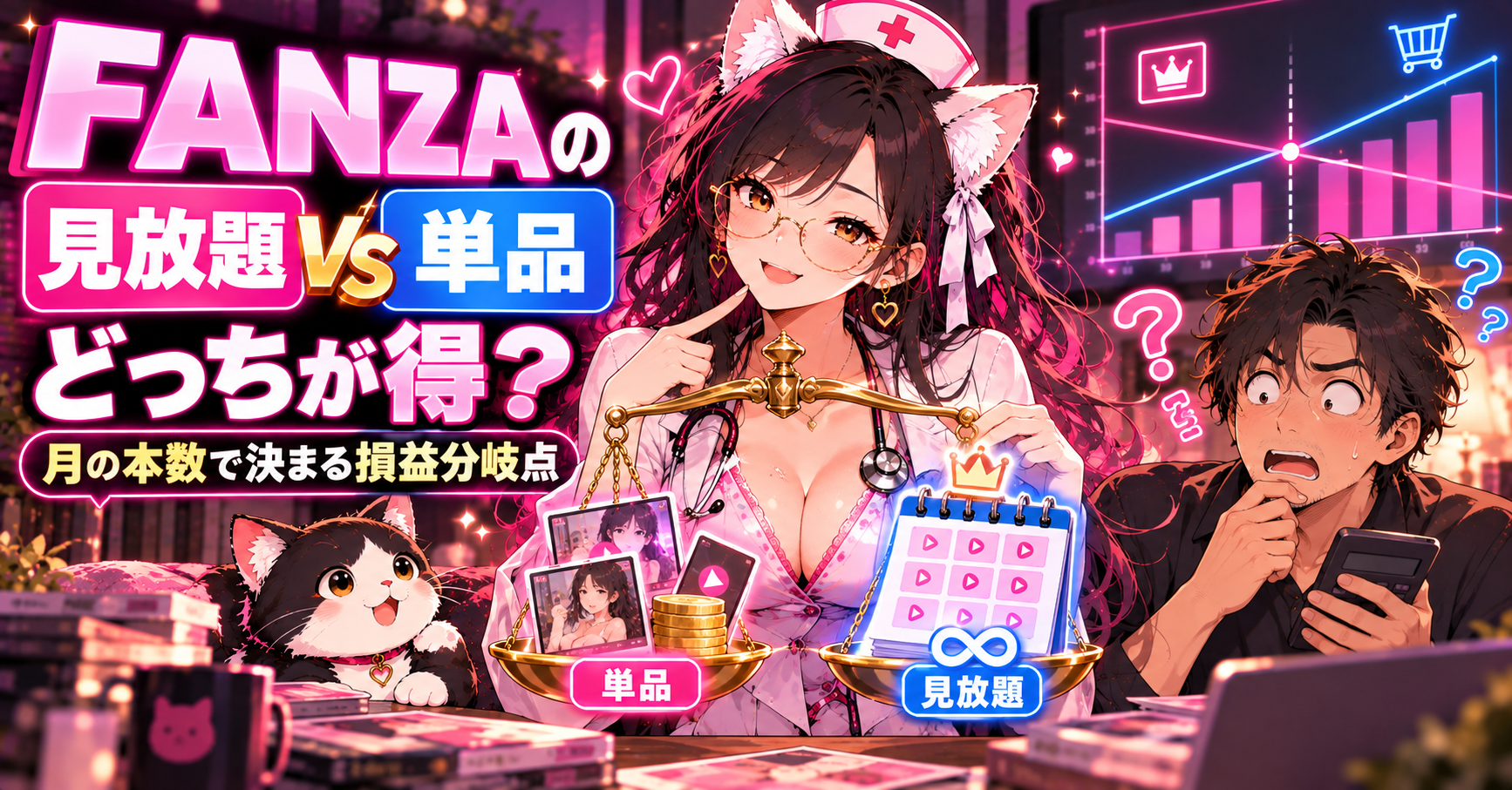 FANZAの見放題と単品どっちが得か、天秤で比べるミャオ編集長