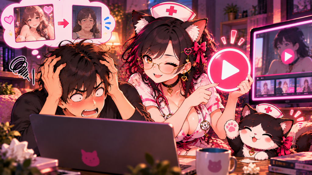 サムネイルだけで買って後悔する男性と、サンプル再生を勧めるミャオ編集長
